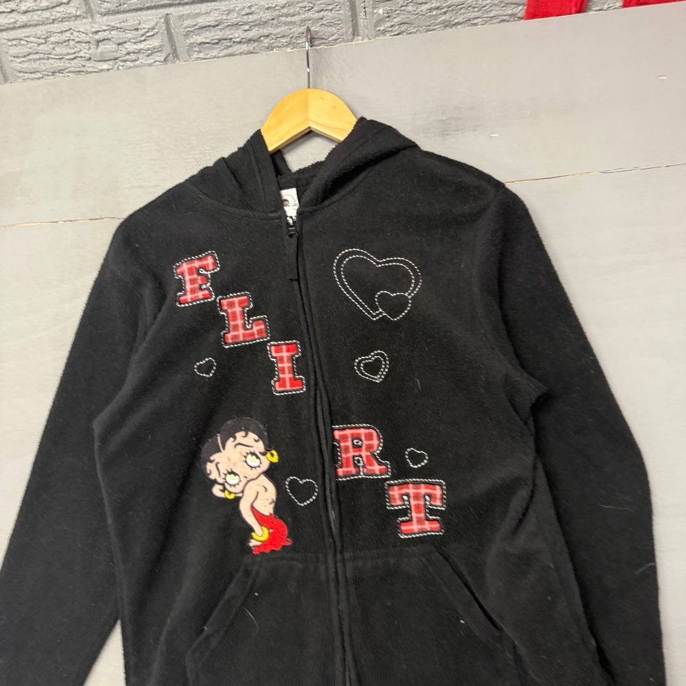 Betty Boop Flirt Plaid Fleece Zip Up Hoodie Black Womens‎ Medium 8/10 Graphic